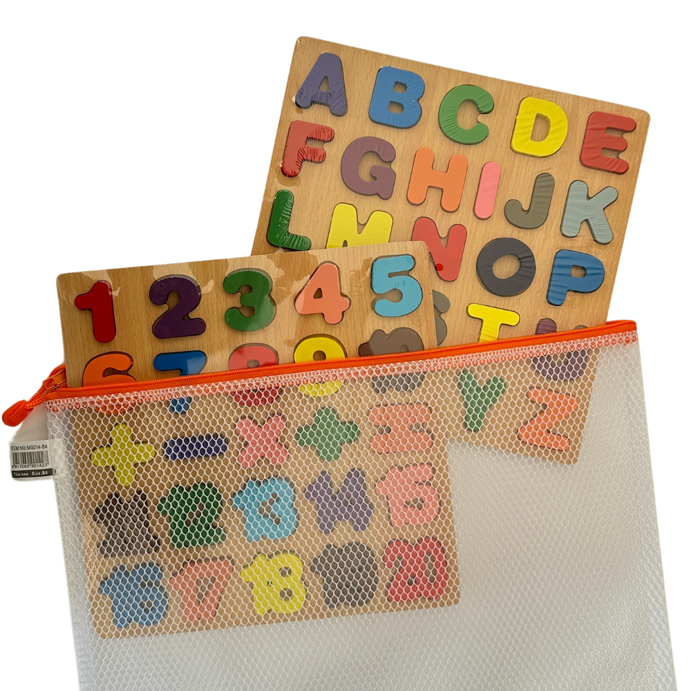 Set de 2 tableros números y letras con bolsa para organizar
