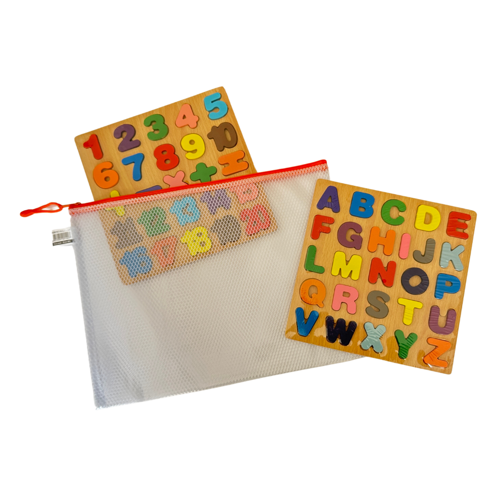 Set de 2 tableros números y letras con bolsa para organizar