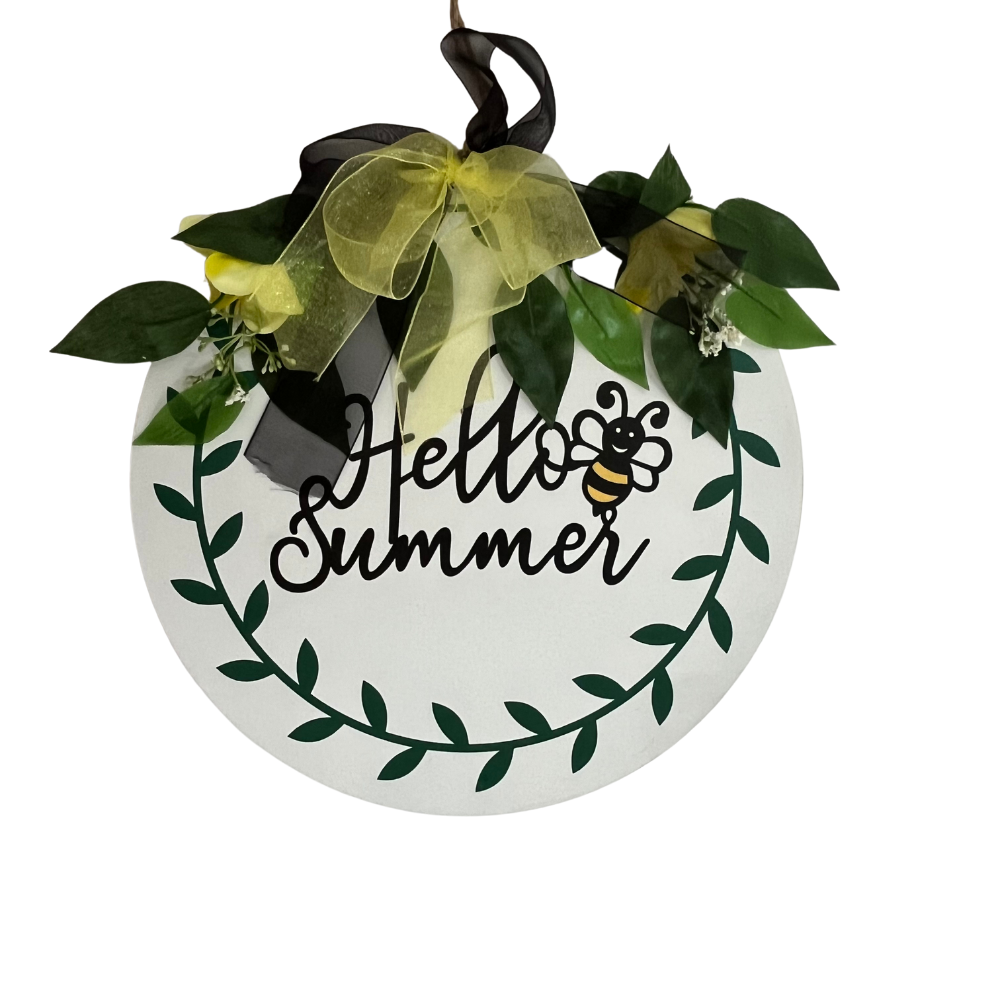 Rótulo "Hello Summer" blanco con amarillo - abeja
