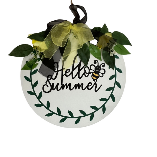 Rótulo "Hello Summer" blanco con amarillo - abeja