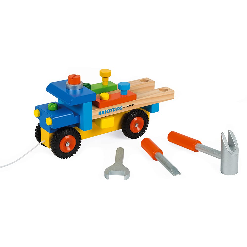 Camión de bricolaje de madera Janod para arrastrar, con martillo, destornillador y llave