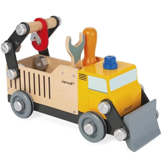 Camión de construcción amarillo de madera Janod para armar, con destornillador y llave