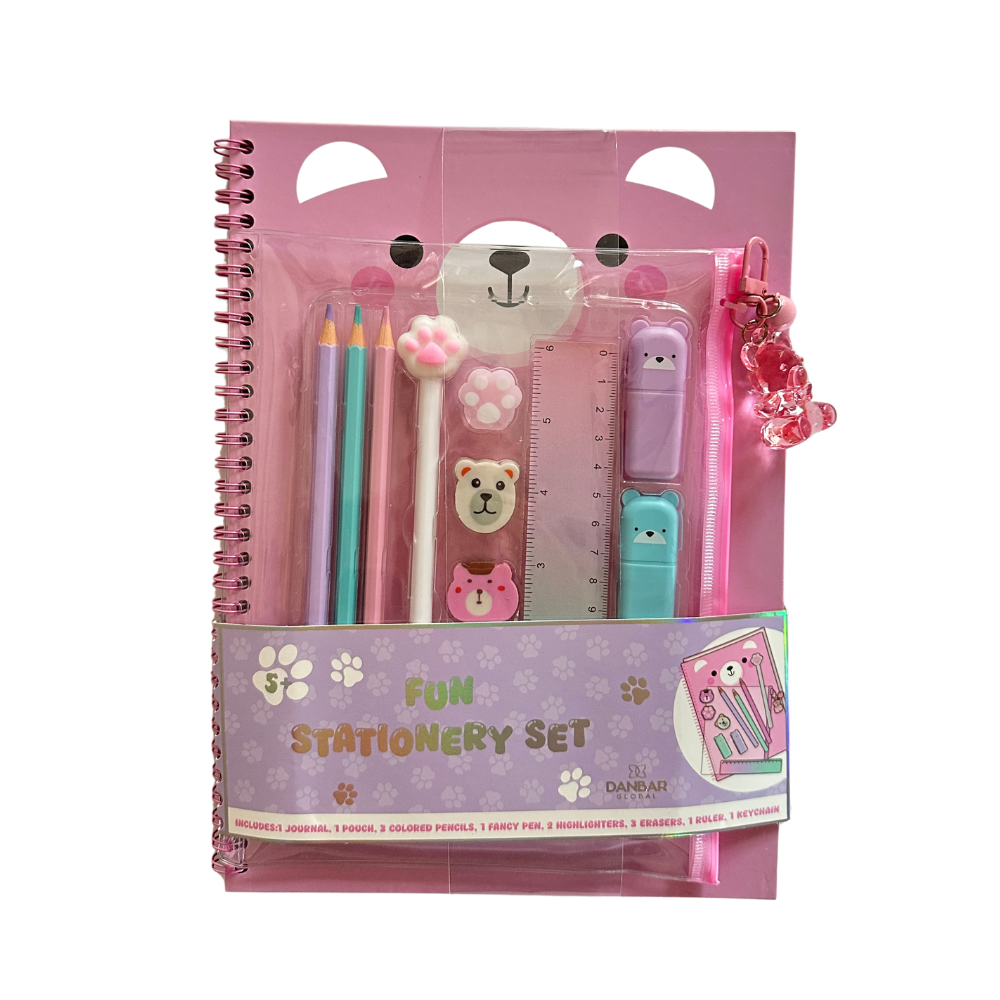 Cuaderno y estuche - oso rosado